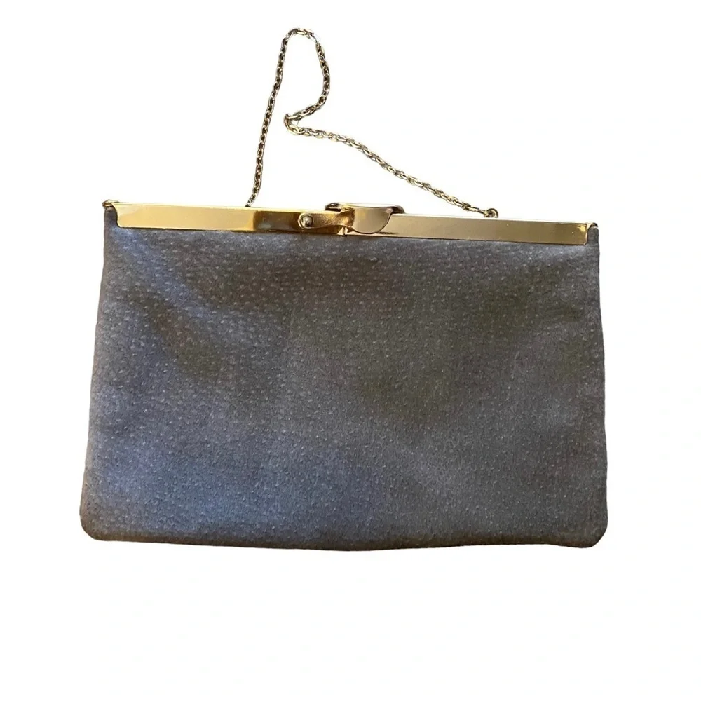 Vintage 70’s ETRA Gray Suede Fold Open Clutch Handbag w/ Gold-tone Trim & Chain - Picture 5 of 6